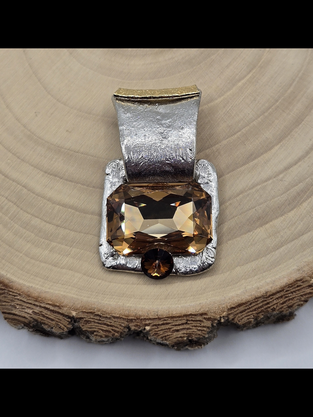 J. Jansen Signed Slide Pendant | Large Austrian Crystal | Silver & Gold Tone